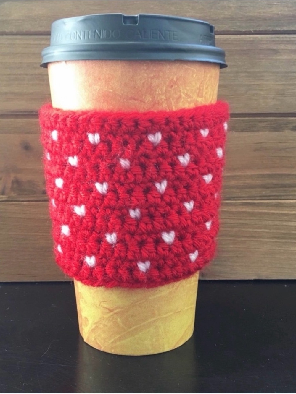 Handmade Red Heart Crochet Coffee Sleeve